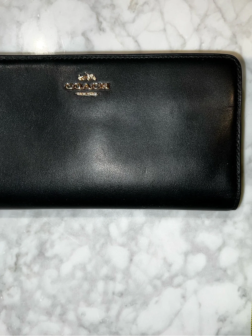 Black Leather Pocketbook/Zippered Wallet with Gold Tone Logo